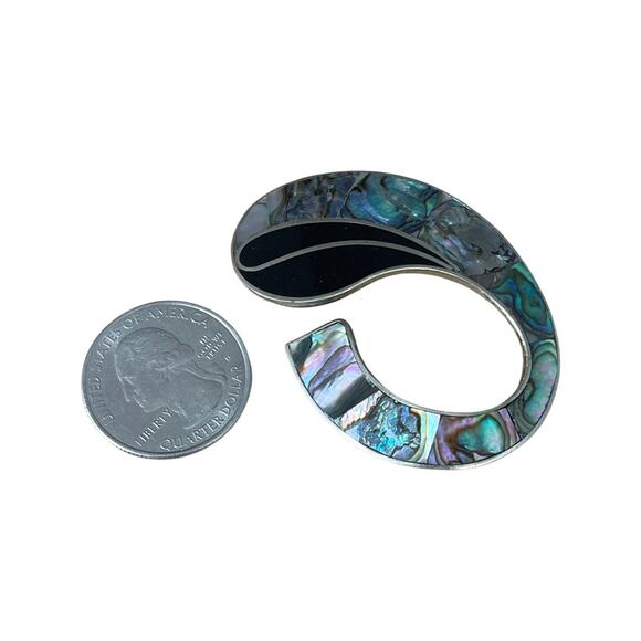 Alpaca Nickel Silver Abalone Shell Abstract Brooch, Vintage 1970s Mexican Pin - Picture 2 of 5